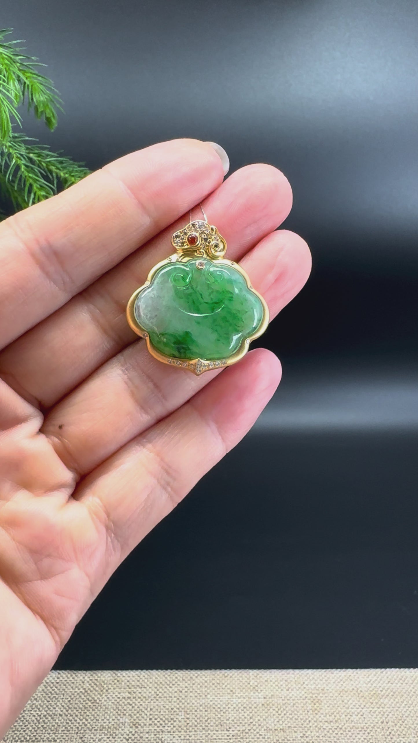 RealJade® Co. Genuine Forest Green Jadeite Jade RuYi Pendant with 18k Yellow Gold Diamond Bail