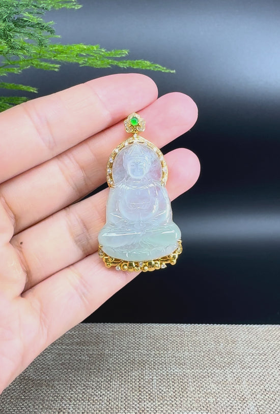 Load and play video in Gallery viewer, RealJade® 18K Yellow Gold Genuine Luxury Icy Jade Guanyin Pendant With Diamonds
