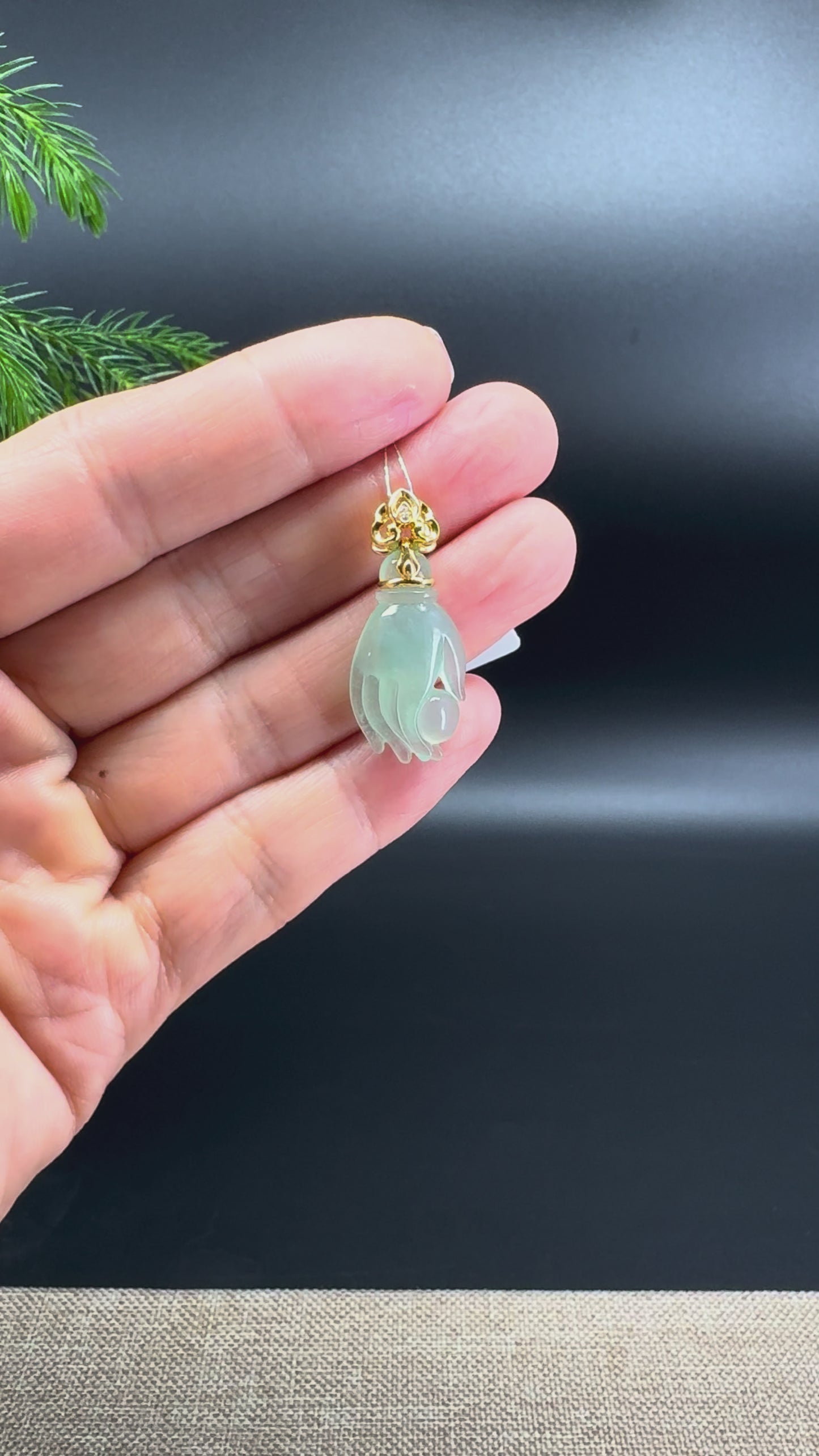 18K Yellow Gold Burmese Icy Green Jadeite Jade Buddha Hand Pendant With Diamonds