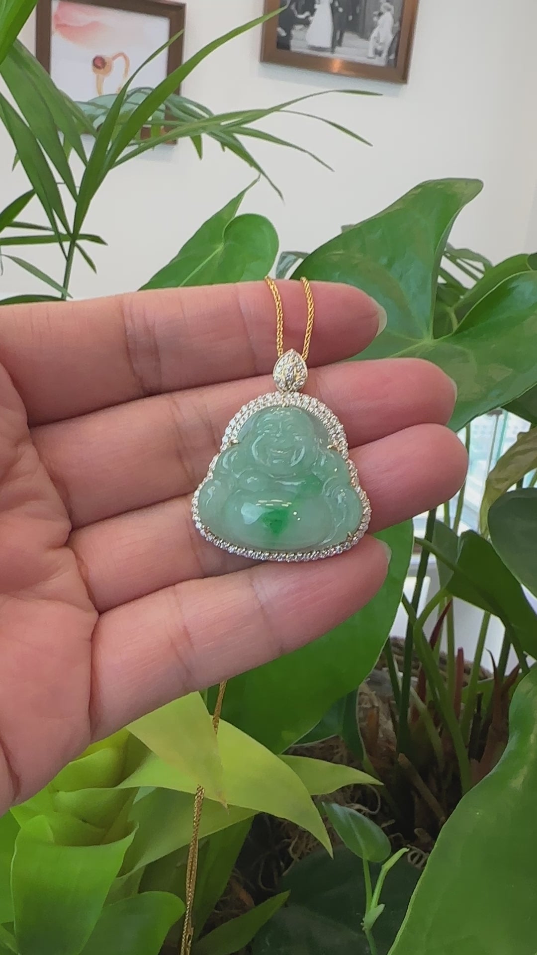 Load and play video in Gallery viewer, RealJade® Co. &amp;quot;Laughing Buddha&amp;quot; 18k Gold Genuine Apple Green Jadeite Jade with VS1 Diamonds
