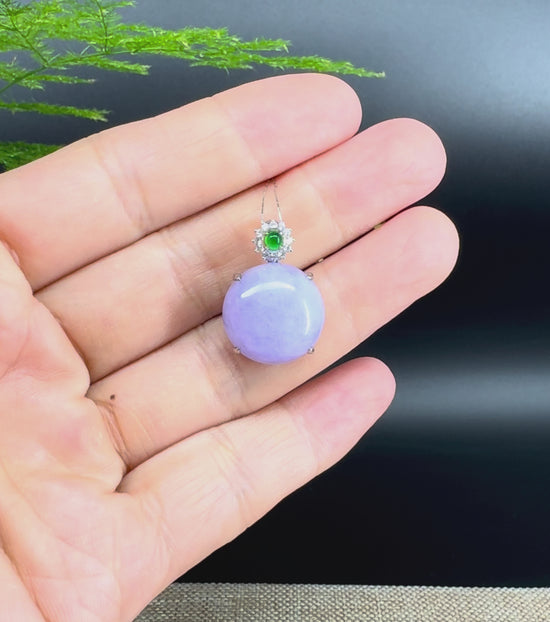 Load and play video in Gallery viewer, RealJade® Co. Luxury Genuine Lavender Jadeite Jade Cabochon Necklace With 18K White Gold Bail
