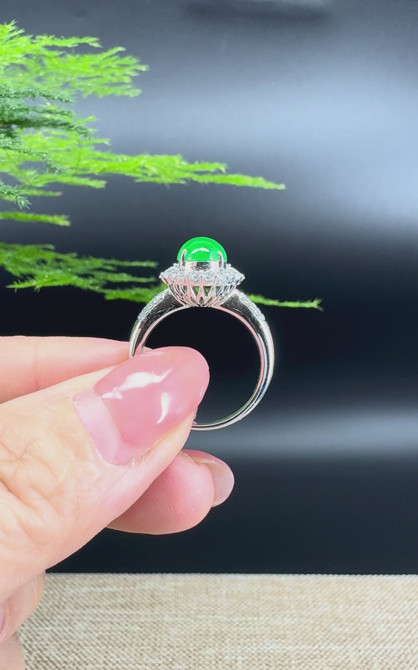 Load and play video in Gallery viewer, RealJade® &amp;quot;Amelie&amp;quot; 18k White Gold Natural Imperial Green Jadeite Engagement Ring With Diamonds
