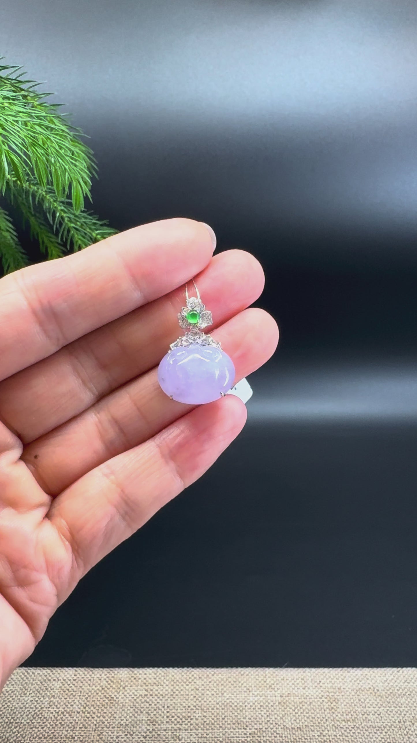 RealJade® Co. Genuine Light Lavender Jadeite Jade Good Luck RuYi  Necklace With 18K White Gold Diamonds Bail