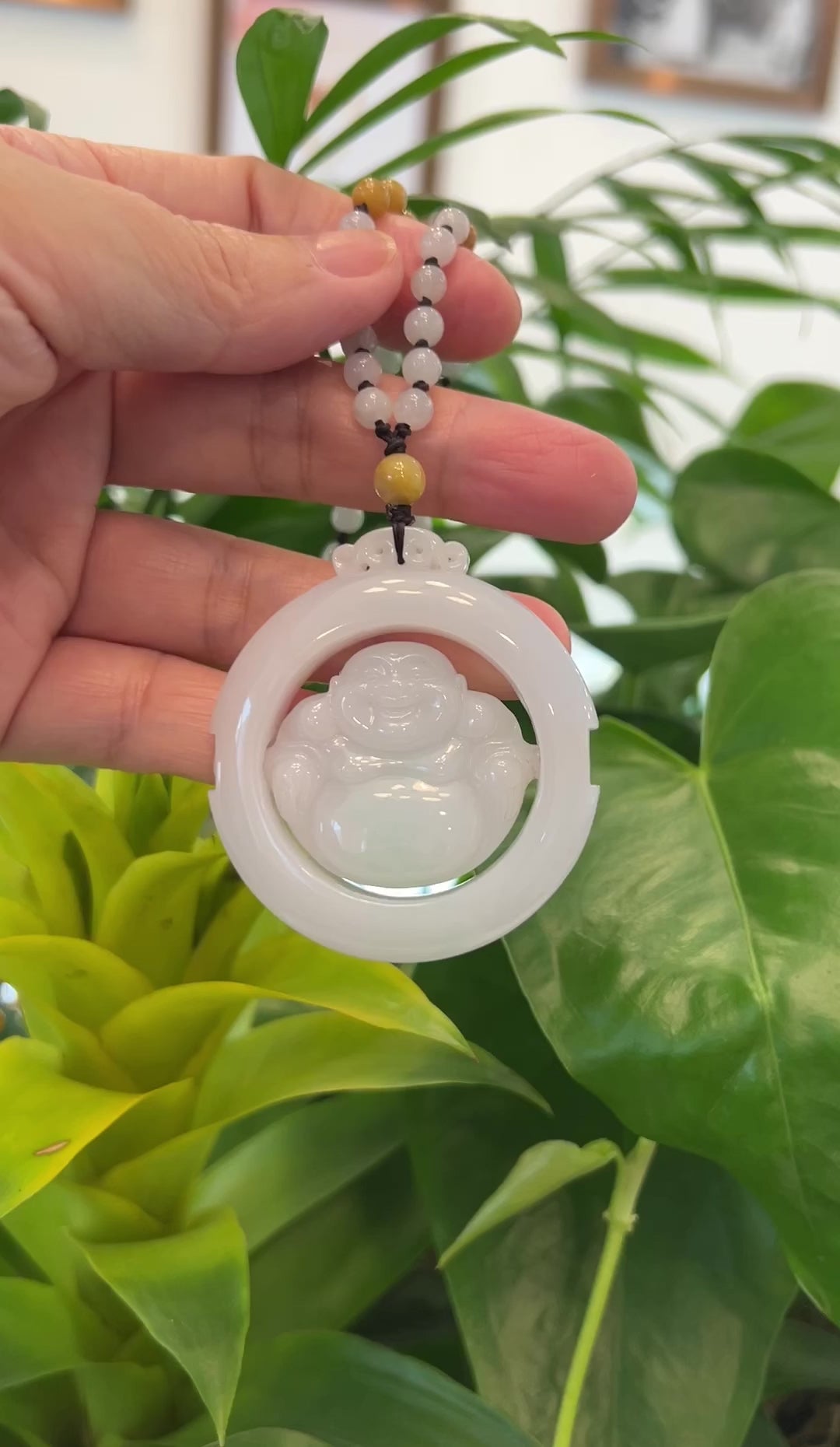 Load and play video in Gallery viewer, RealJade® Co. &amp;quot;Goddess of Compassion&amp;quot; Genuine Burmese Jadeite Jade Happy Buddha Pendant
