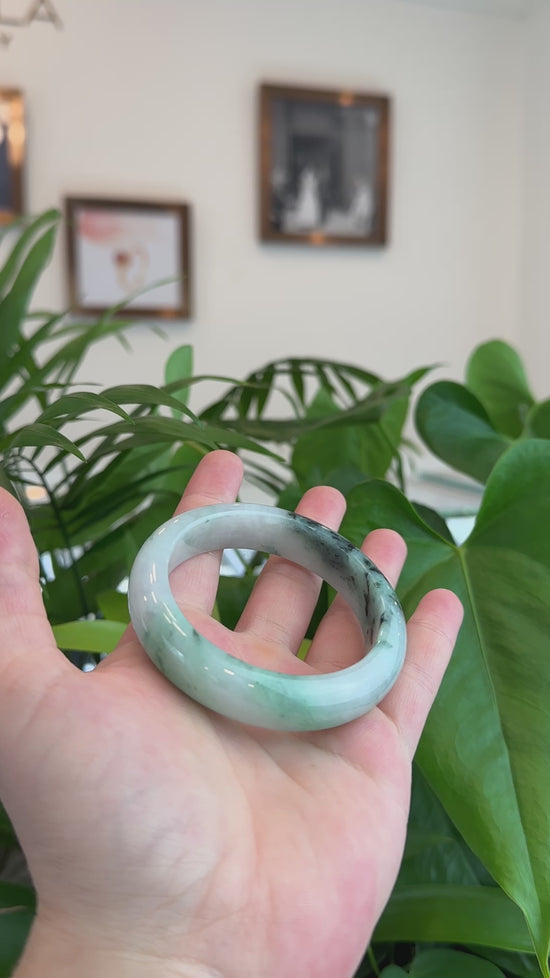 Load and play video in Gallery viewer, Natural Burmese Blue-green Jadeite Jade Bangle Bracelet (55.38mm)#T005

