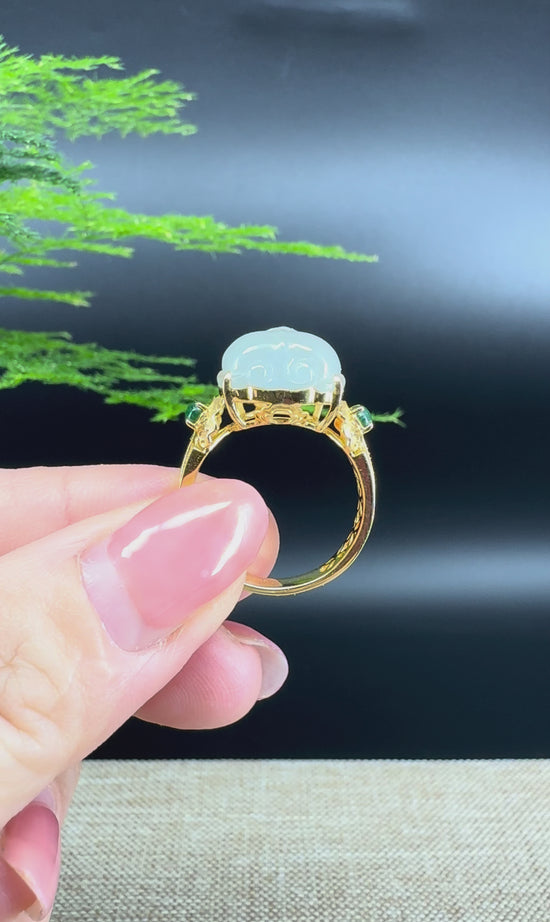 Load and play video in Gallery viewer, RealJade® &amp;quot;Signature Signet&amp;quot; 18K Yellow Gold Icy Jadeite Jade PiXiu Ring
