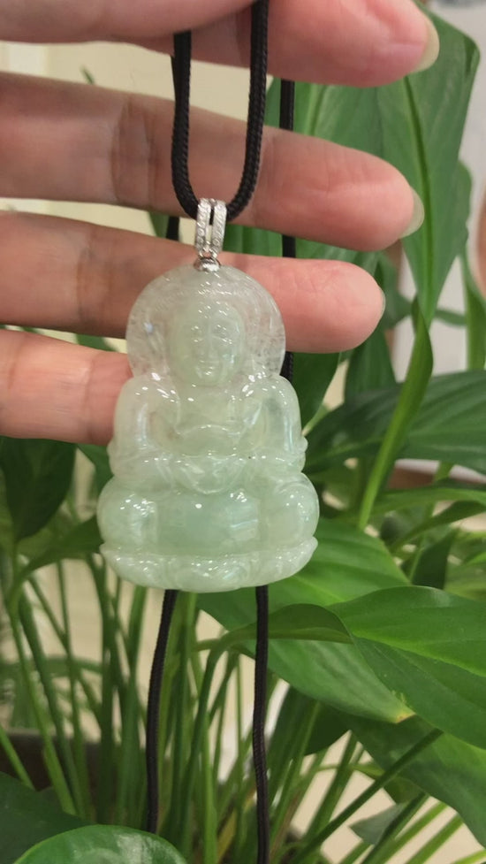 Load and play video in Gallery viewer, RealJade® 14k &amp;quot;Goddess of Compassion&amp;quot; Genuine Burmese Jadeite Jade Guanyin Necklace With Good Luck Design
