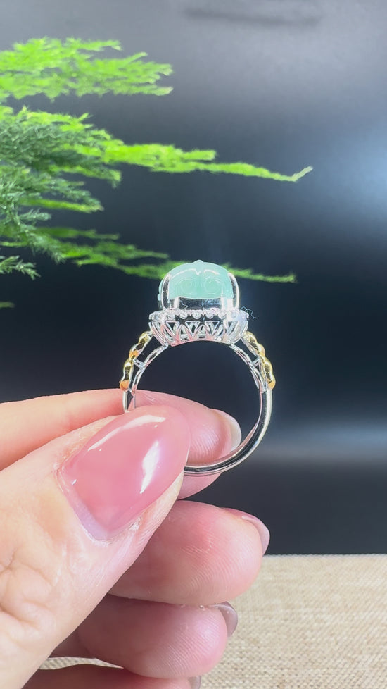 Load and play video in Gallery viewer, RealJade® &amp;quot;Signature Signet&amp;quot; 18K White Gold Icy Green Jadeite Jade Pi Xiu Ring
