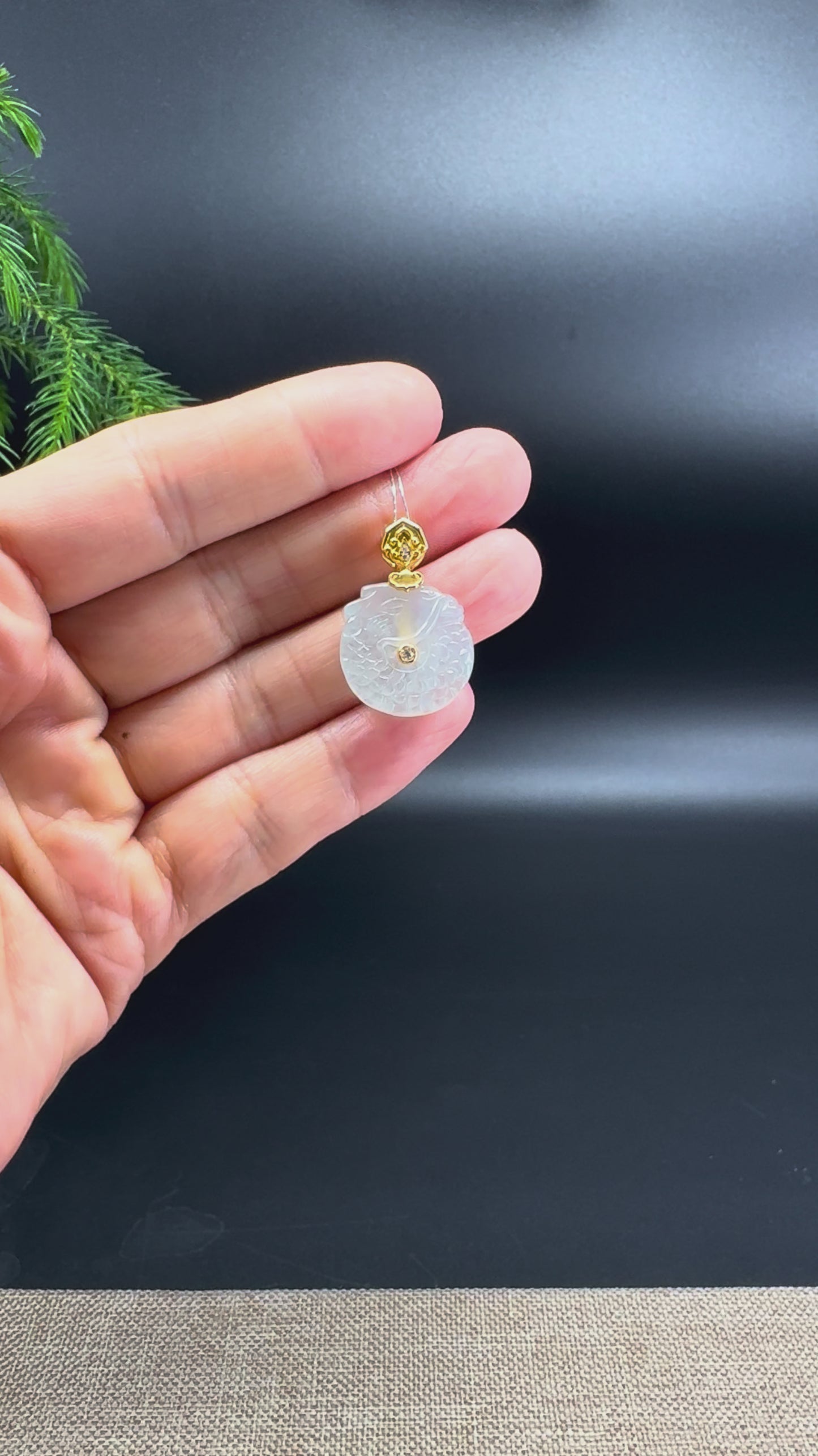 "Good Luck Button" Icy White Jadeite Jade Dragon KouKou Pendant With 18K Yellow Gold Diamonds Bail