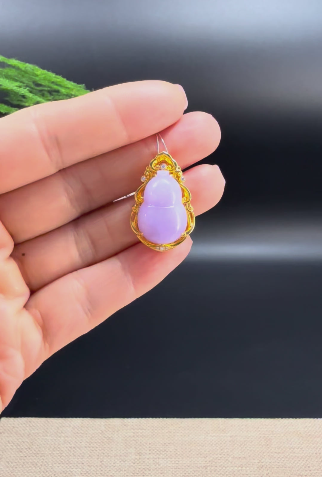 Genuine Lavender Jadeite Jade Good Luck Hulu Bottle Gourd Necklace With 18K Yellow Gold Bail With Diamonds