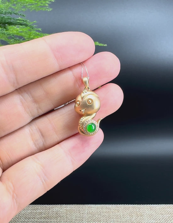 Load and play video in Gallery viewer, RealJade®  12 Zodiac: 18k Rose Gold Snake Pendant Necklace with Green Imperial Jade &amp;amp; Diamonds
