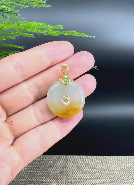 Load and play video in Gallery viewer, &amp;quot;Good Luck Button&amp;quot; Icy Yellow Jadeite Jade Lucky KouKou Pendant With 18K Yellow Gold Bail
