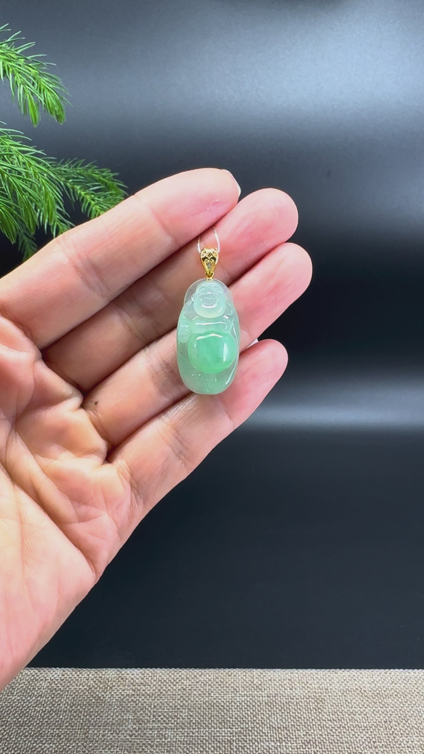 18K Yellow Gold Burmese Icy Apple Green Jadeite Jade Happy Buddha Pendant With Diamonds
