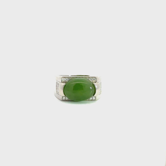 Load and play video in Gallery viewer, RealJade® Co. RealJade® Co. Signet Silver Real Oval Green Nephrite Jade Classic Men&amp;#39;s Ring
