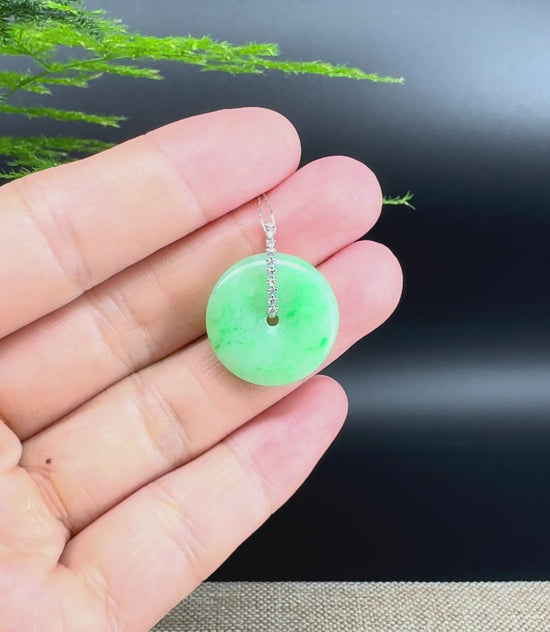 Load and play video in Gallery viewer, &amp;quot;Good Luck Button&amp;quot; Green Jadeite Jade Lucky KouKou Pendant With 18K White Gold Diamond Bail
