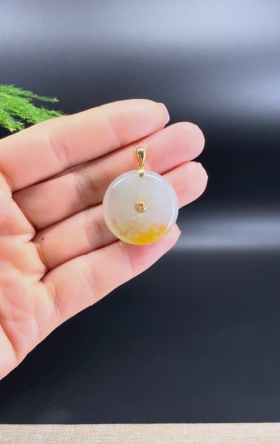 Load and play video in Gallery viewer, &amp;quot;Good Luck Button&amp;quot; Icy Yellow Jadeite Jade Lucky KouKou Pendant With 18K Yellow Gold Bail
