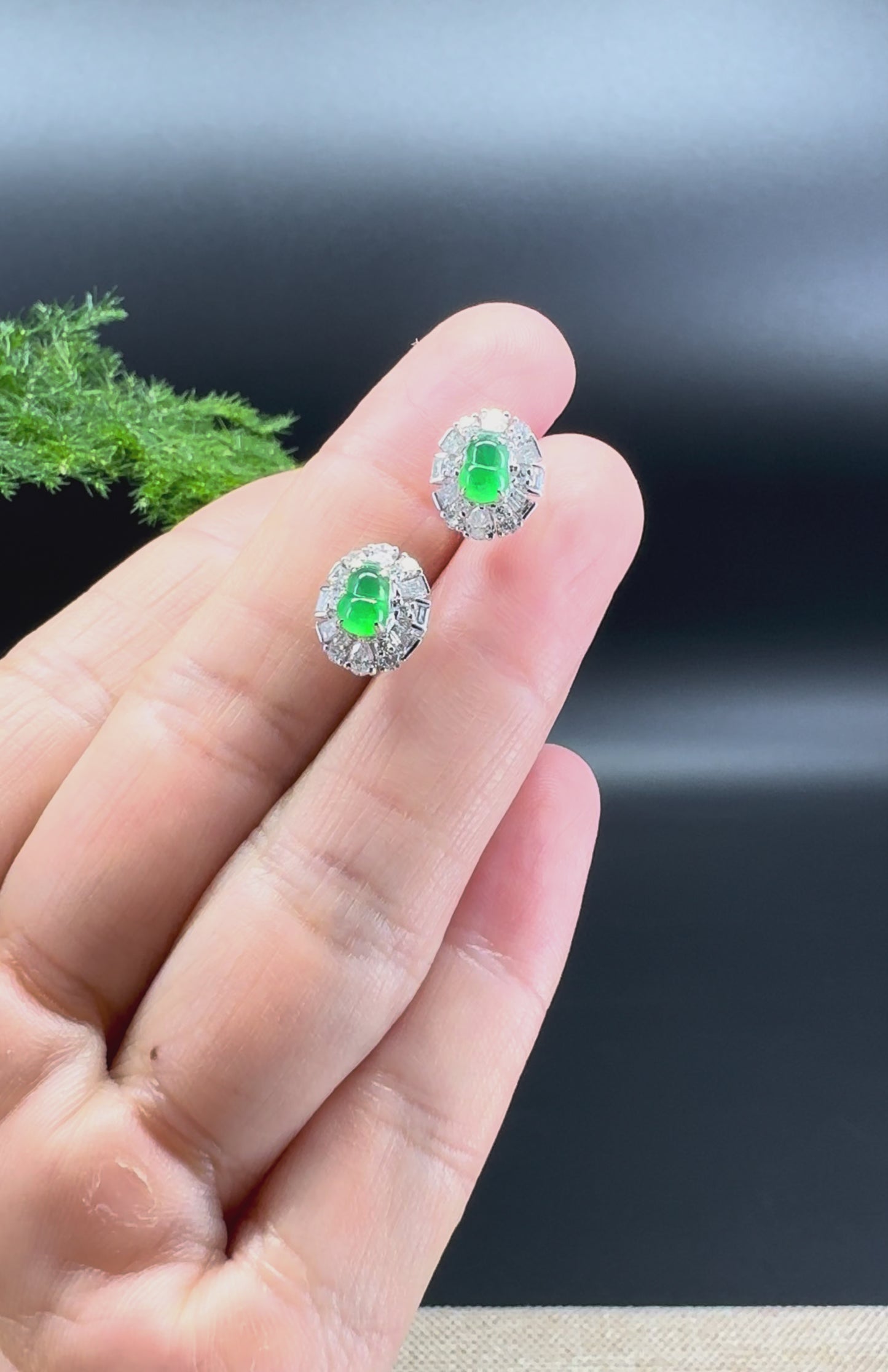 Load and play video in Gallery viewer, RealJade® 18k White Gold Imperial Green Jade Hulu Earrings with Diamonds
