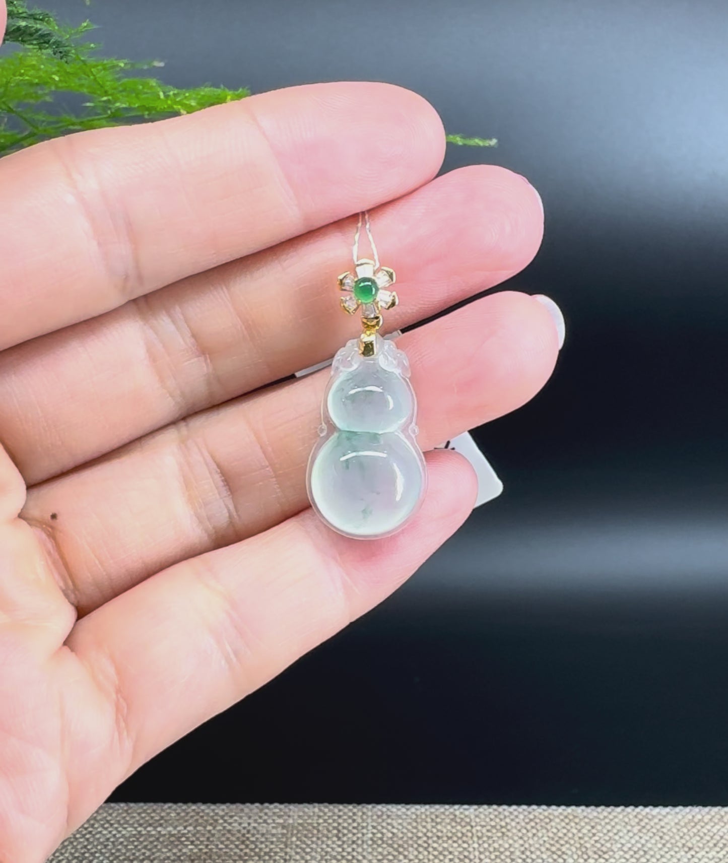 RealJade® Co. Genuine Icy green Jadeite Jade Good Luck Hulu Necklace With 18K Yellow Gold Bail