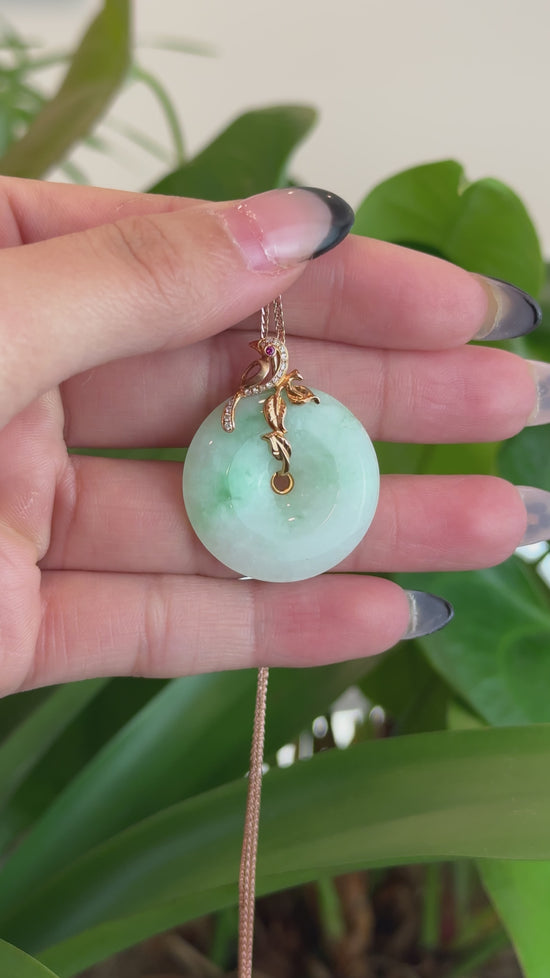 Load and play video in Gallery viewer, RealJade Co.® &amp;quot;Good Luck Birdie&amp;quot; 18k Rose Gold Genuine Burmese Jadeite Lucky Kou Kou Pendant Necklace With Ruby and Diamond
