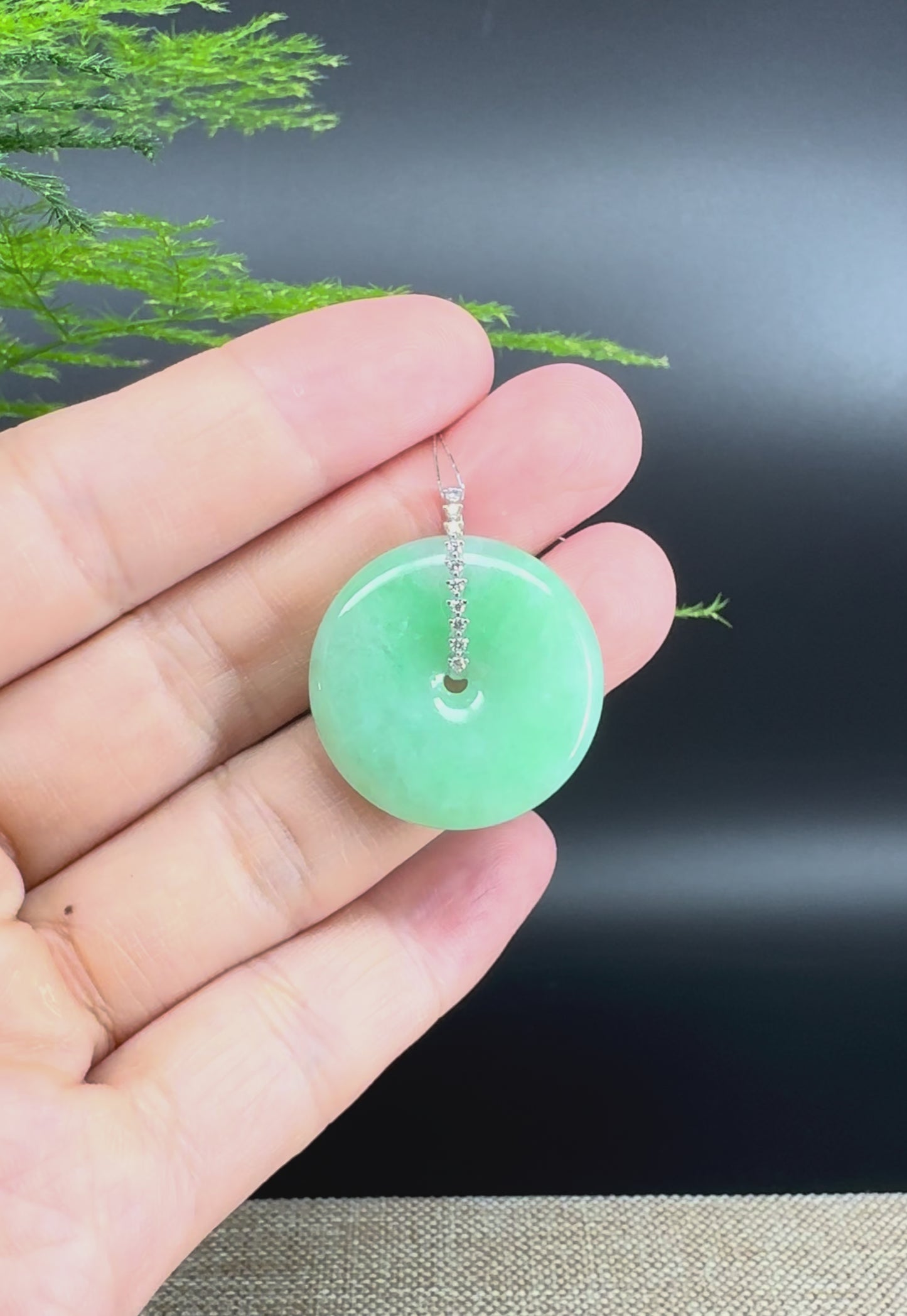 "Good Luck Button" Green Jadeite Jade Lucky KouKou Pendant With 18K White Gold Diamond Bail