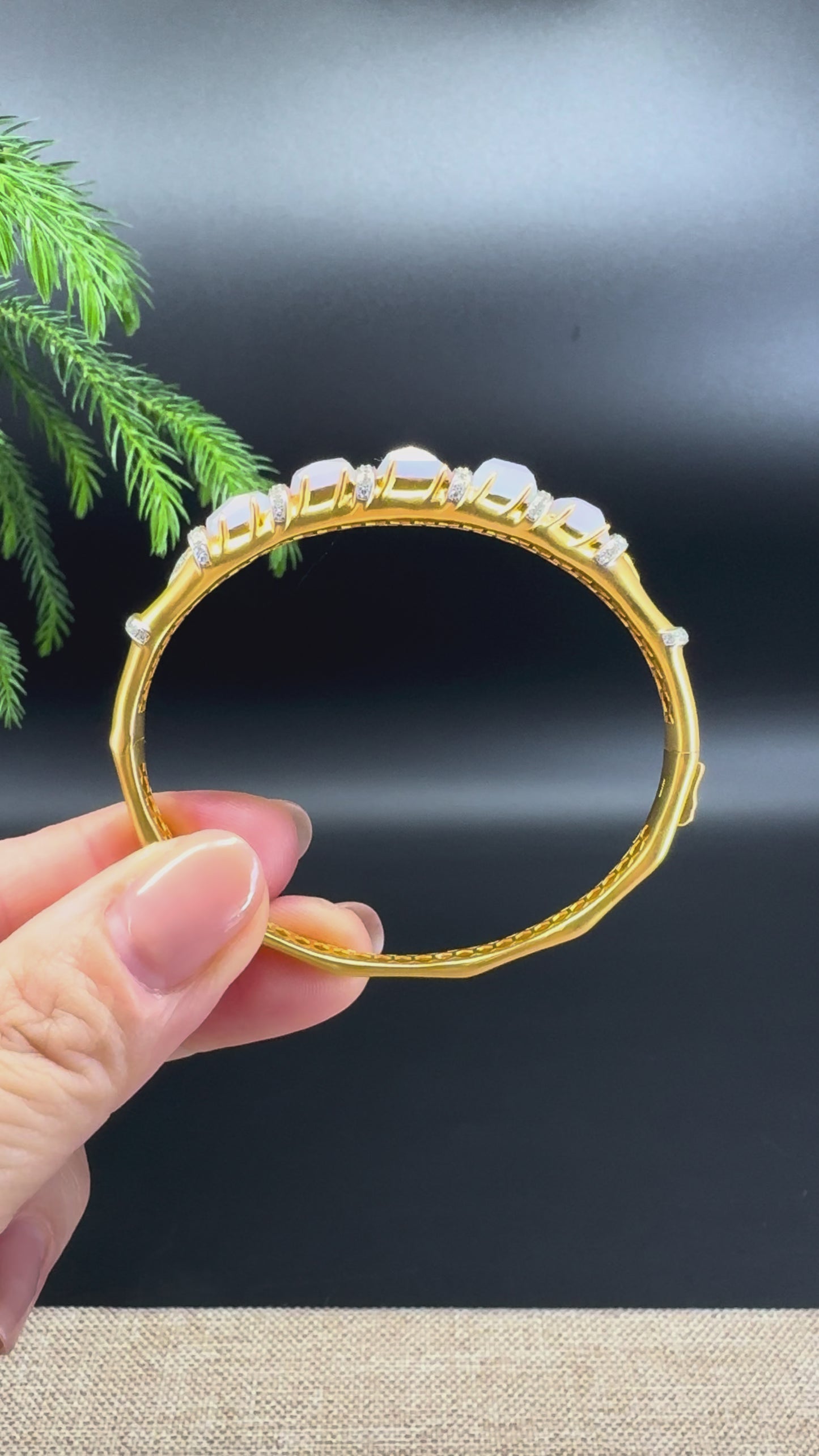 RealJade Luxury 18K Yellow Gold Genuine Lavender Jadeite Jade Bamboo Bangle