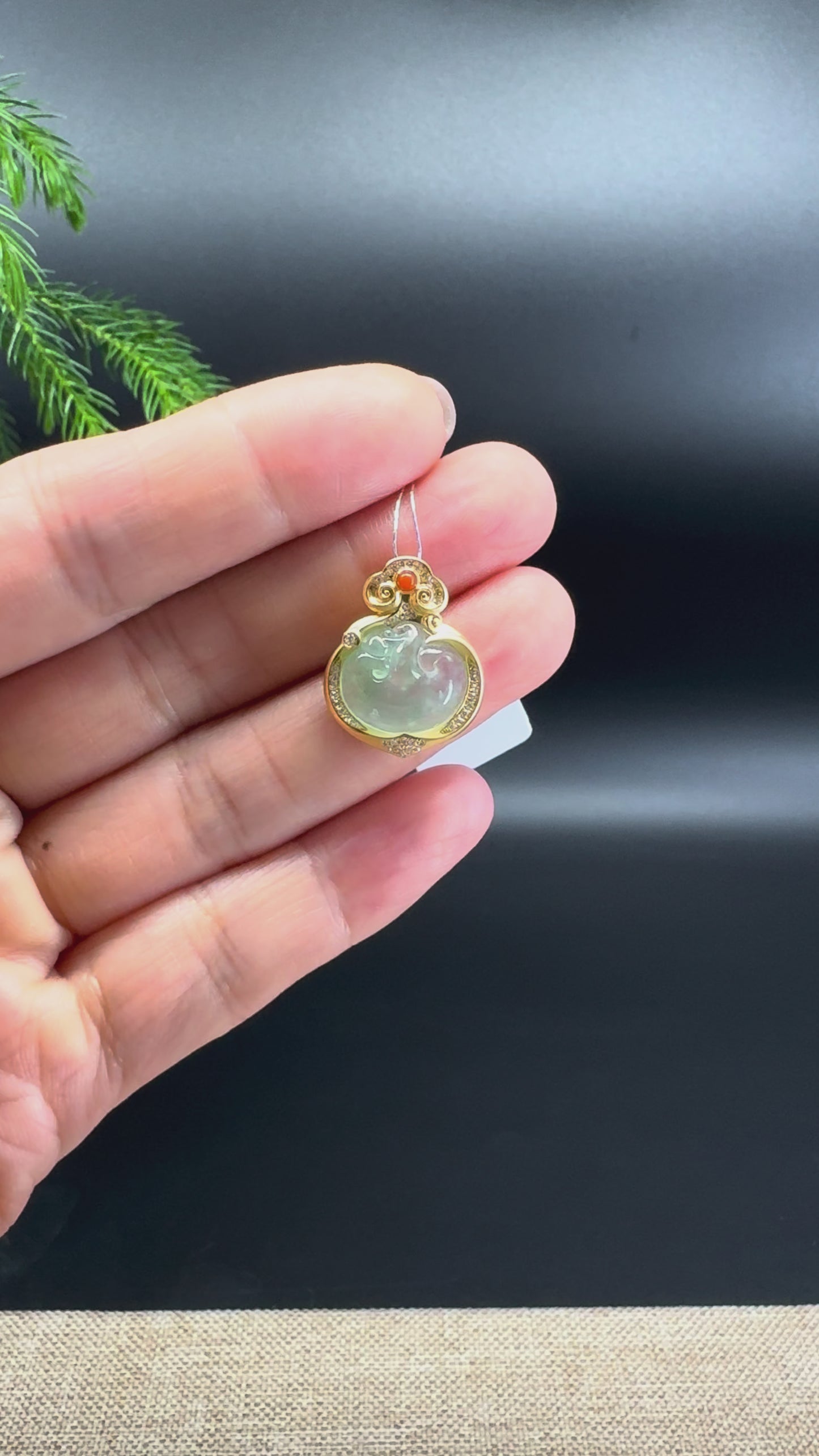 RealJade® Co. Genuine Icy Green Jadeite Jade RuYi Necklace With 18K Yellow Gold Diamonds Bail