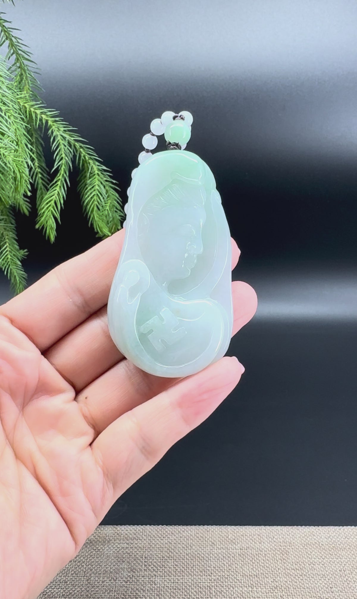 RealJade® Co.  Genuine Burmese White Green Jadeite Jade Guanyin Pendant Necklace