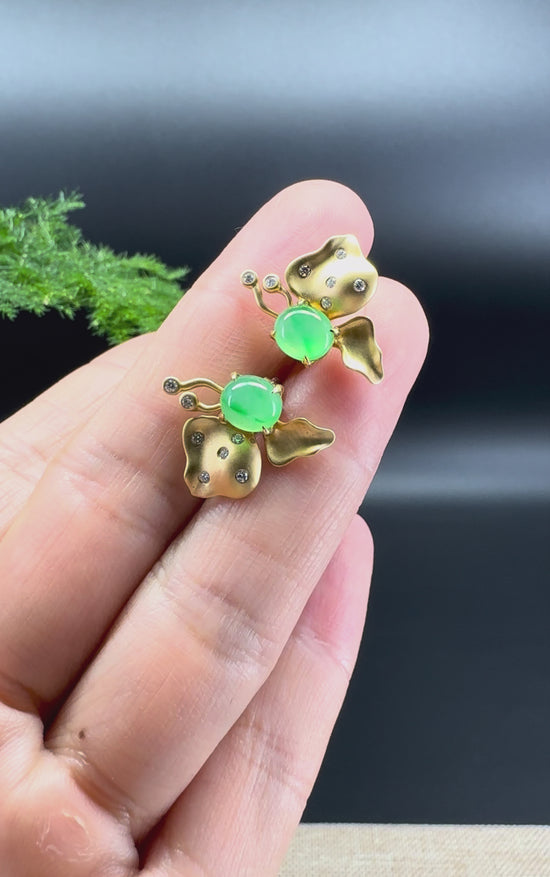 Load and play video in Gallery viewer, RealJade® 18k Yellow Gold Green Jadeite Jade &amp;#39;Butterfly&amp;#39;Earrings With Diamonds
