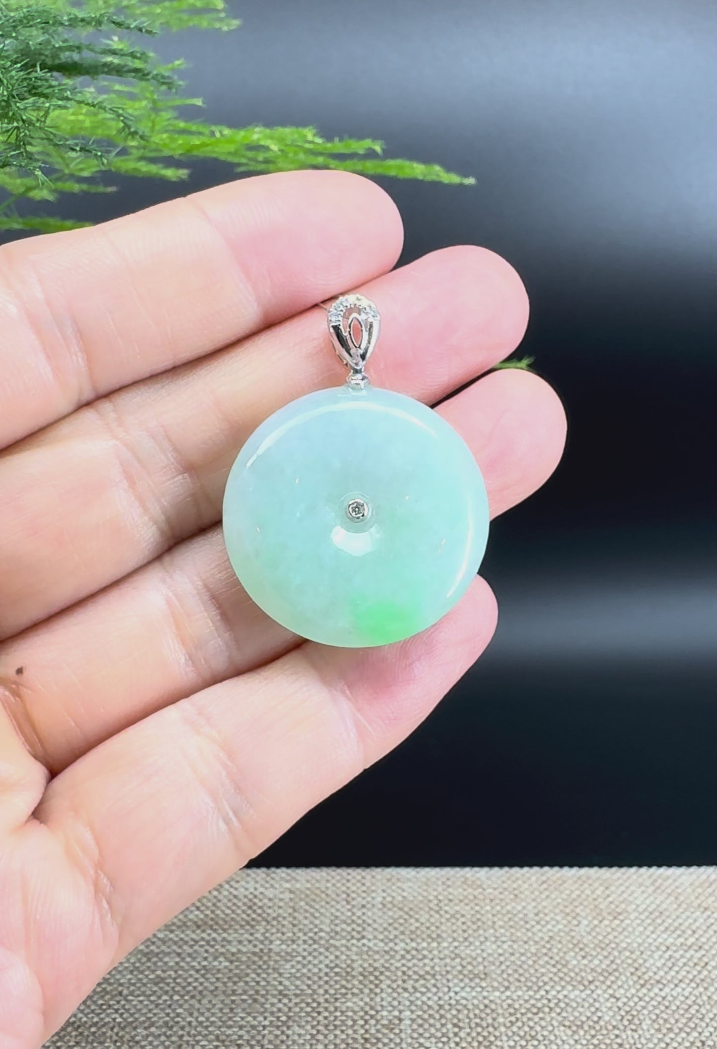 Load and play video in Gallery viewer, &amp;quot;Good Luck Button&amp;quot; Green Jadeite Jade Lucky KouKou Pendant With 18K White Gold Diamonds Bail
