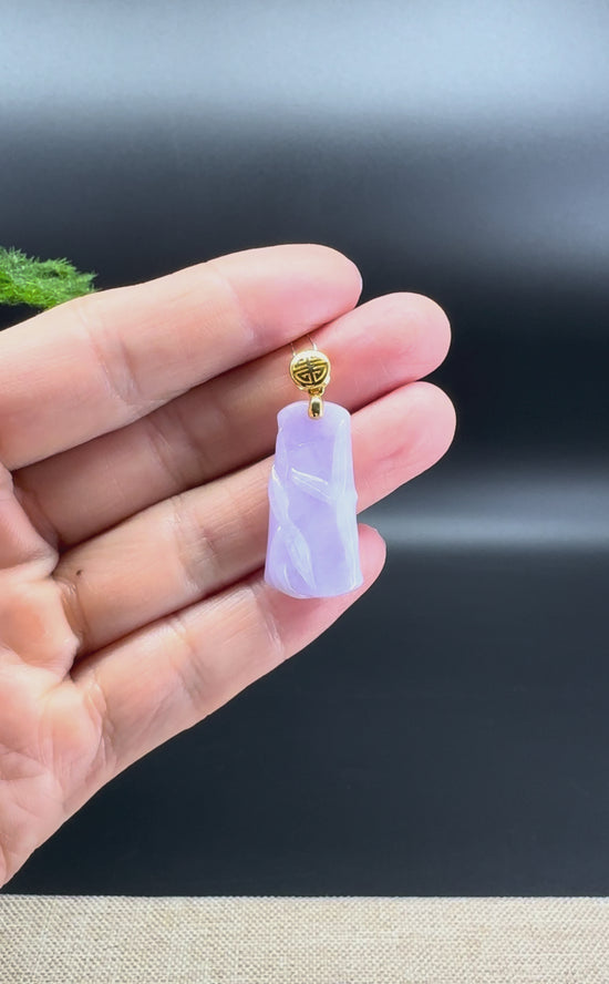 Load and play video in Gallery viewer, 18k Yellow Gold Genuine Burmese Lavender Jadeite Jade Bamboo Pendant
