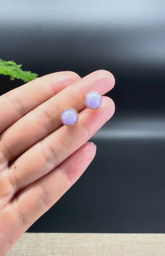 Load and play video in Gallery viewer, RealJade® 18k Yellow Gold Lavender Jadeite Jade Round Earrings
