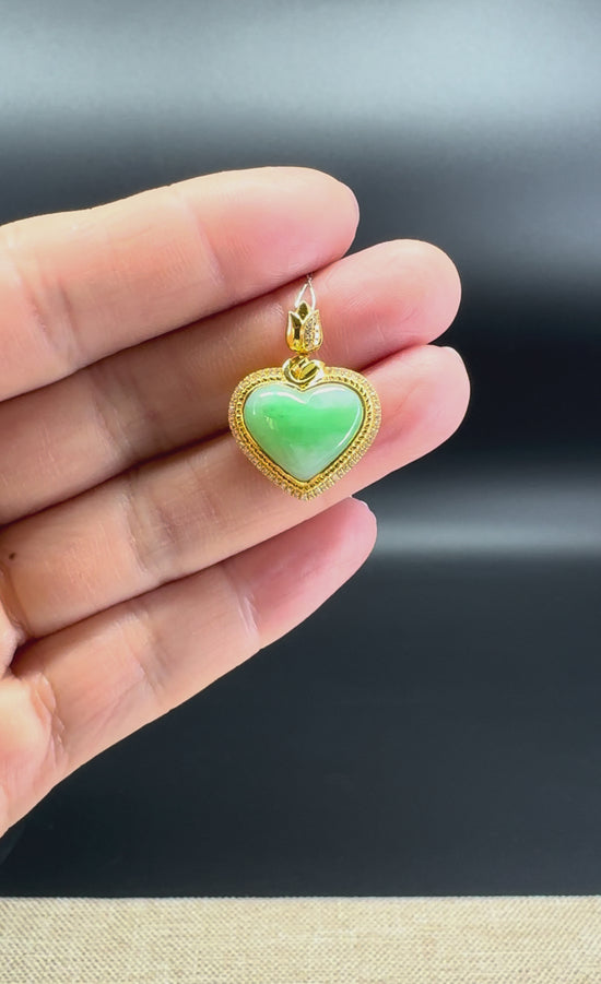 Load and play video in Gallery viewer, RealJade® Co. 18K Yellow Gold Genuine Burmese Icy Green Jadeite Heart Pendant with Diamonds
