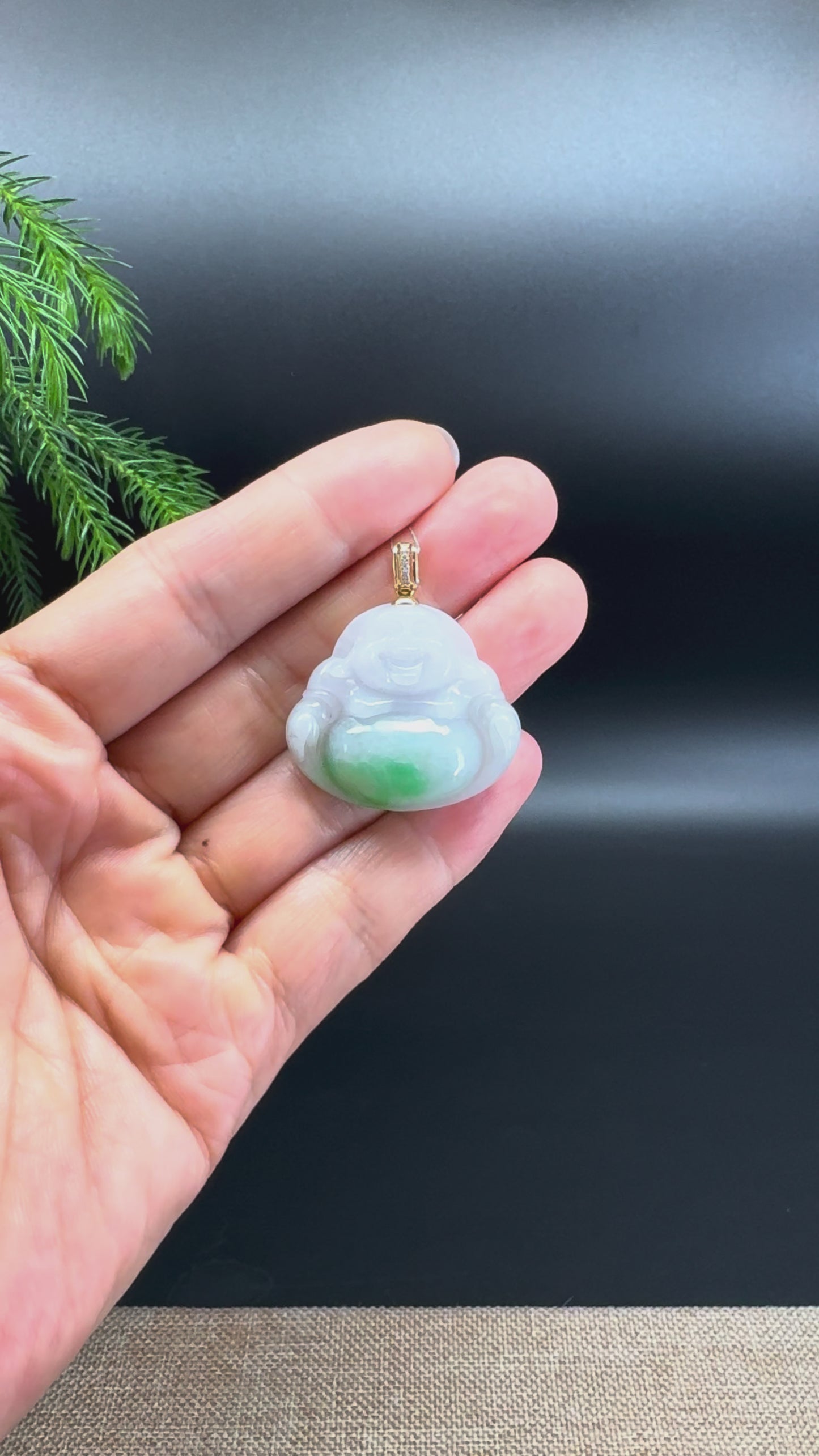 14K Yellow Gold Burmese White Green Jadeite Jade Happy Buddha Pendant with Diamonds