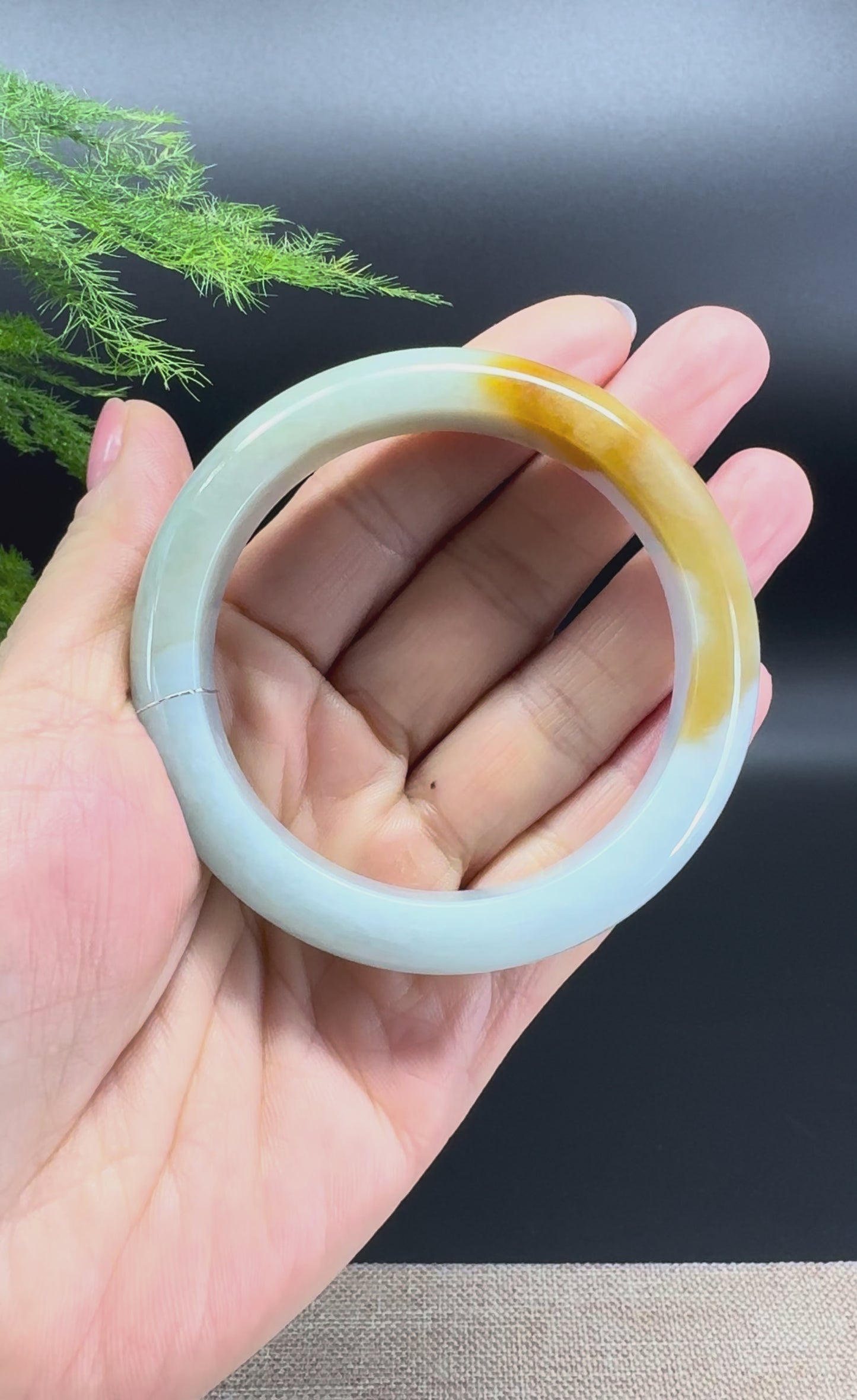 Load and play video in Gallery viewer, Genuine Burmese Yellow Green Jade Jadeite Bangle Bracelet ( 55.8mm )
