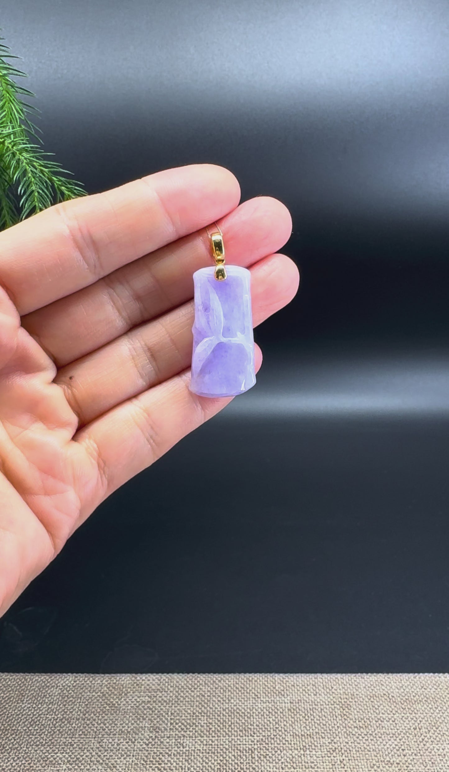 RealJade® Co. 18K Yellow Gold Genuine Burmese Lavender Jadeite Jade Bamboo Pendant