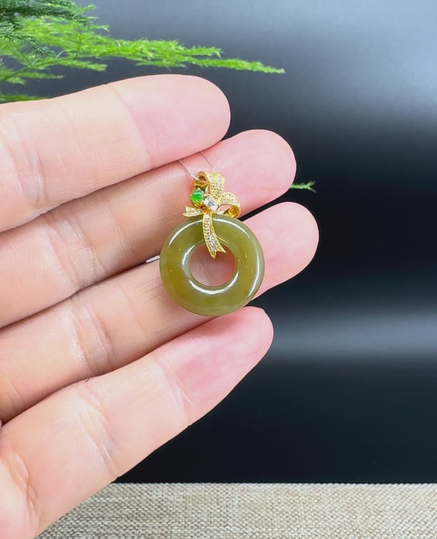 "Good Luck Button" Matcha Green Jadeite Jade Lucky KouKou Pendant With 18K Yellow Gold Diamonds Bail