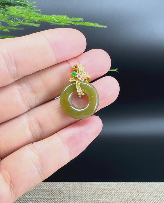 Load and play video in Gallery viewer, &amp;quot;Good Luck Button&amp;quot; Matcha Green Jadeite Jade Lucky KouKou Pendant With 18K Yellow Gold Diamonds Bail
