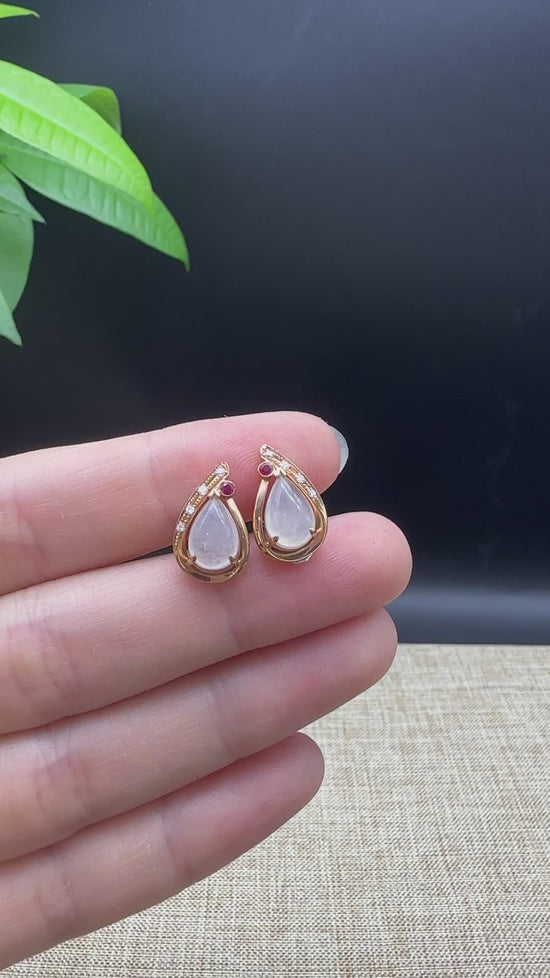 Load and play video in Gallery viewer, 18k Rose Gold Genuine Ice Jadeite Jade Earrings With Diamonds
