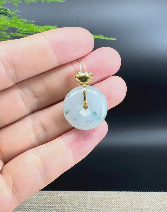 Load and play video in Gallery viewer, &amp;quot;Good Luck Button&amp;quot; Ice Green Jadeite Jade Lucky KouKou Pendant With 18K Yellow Gold Bail
