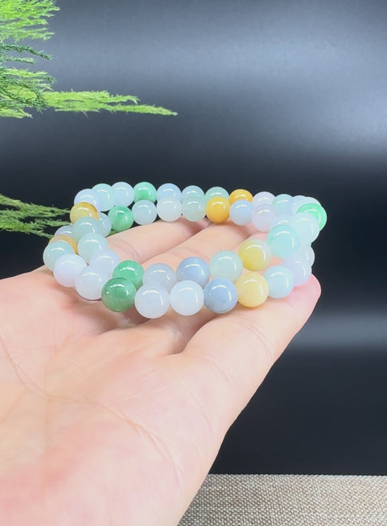 Load and play video in Gallery viewer, RealJade® Co. Genuine Jadeite Jade Round Multi-Colors Beads Bracelet (7.5mm)
