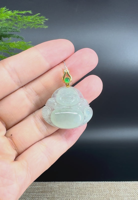 Load and play video in Gallery viewer, 18K Yellow Gold Burmese Icy Green Jadeite Jade Happy Buddha Pendant
