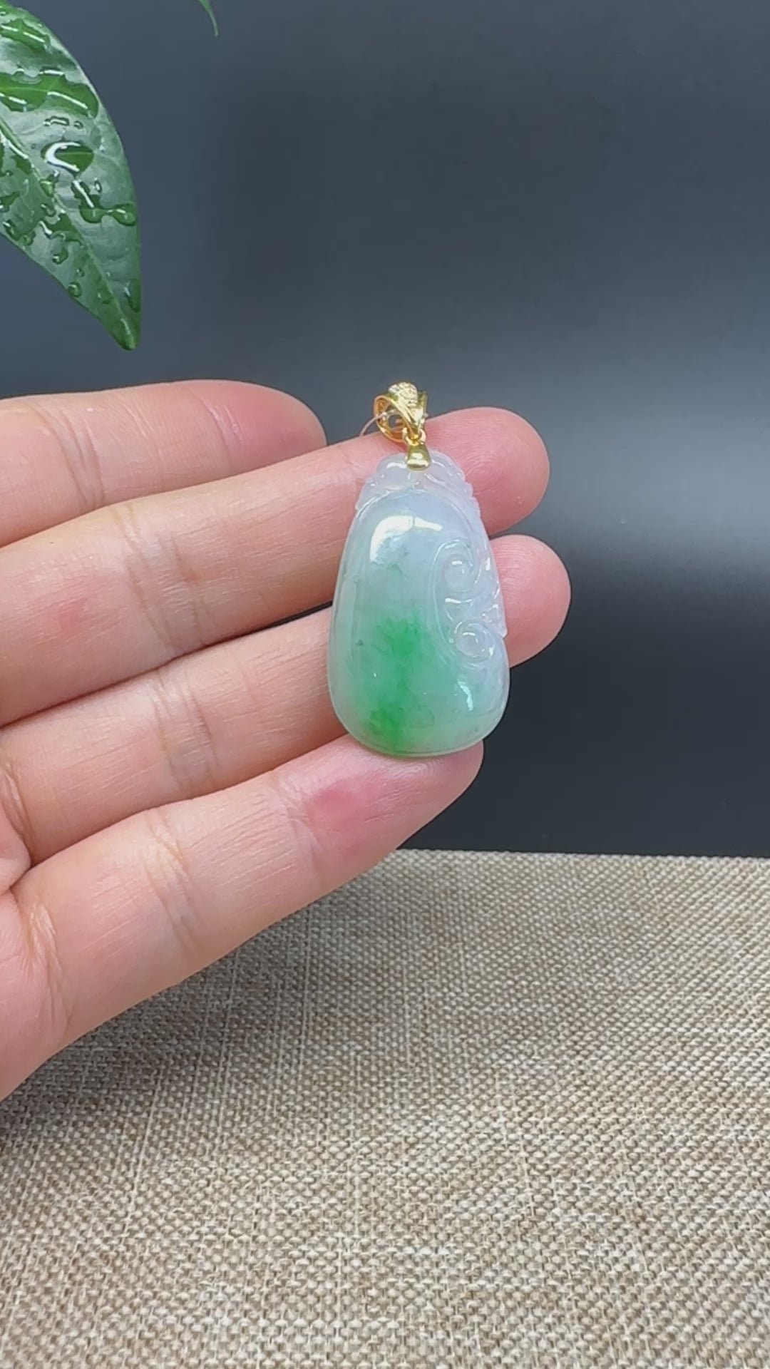 RealJade® Co. Genuine Ice Blue Green Jadeite Jade Good Ru Yi Bottle Gourd Necklace With 18K Yellow Gold Bail