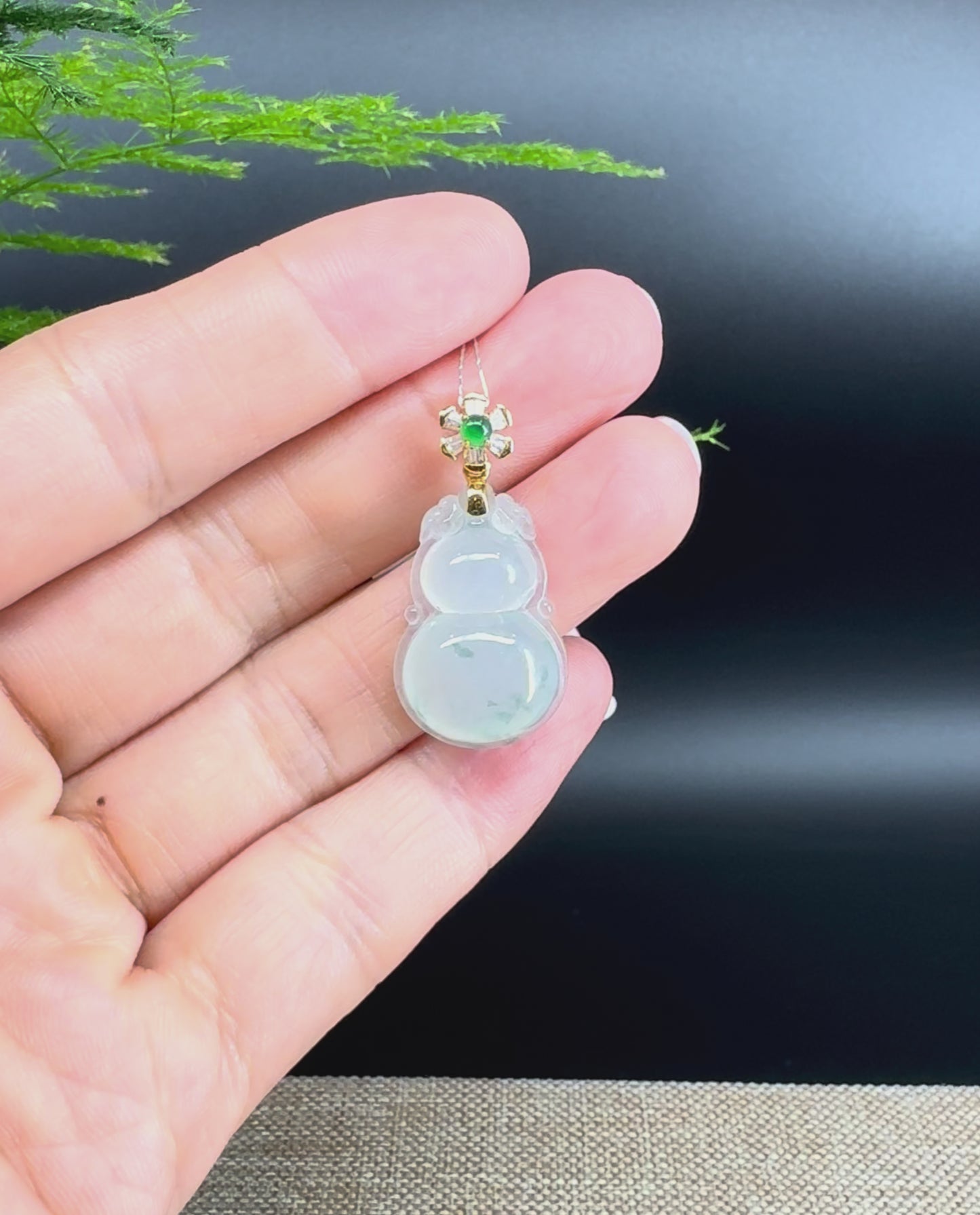 RealJade® Co. Genuine Icy green Jadeite Jade Good Luck Hulu Necklace With 18K Yellow Gold Bail