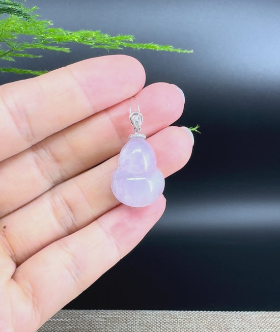 Load and play video in Gallery viewer, RealJade® Co. Genuine Lavender Jadeite Jade Good Luck Hulu Bottle Gourd Necklace With 18K White Gold Bail
