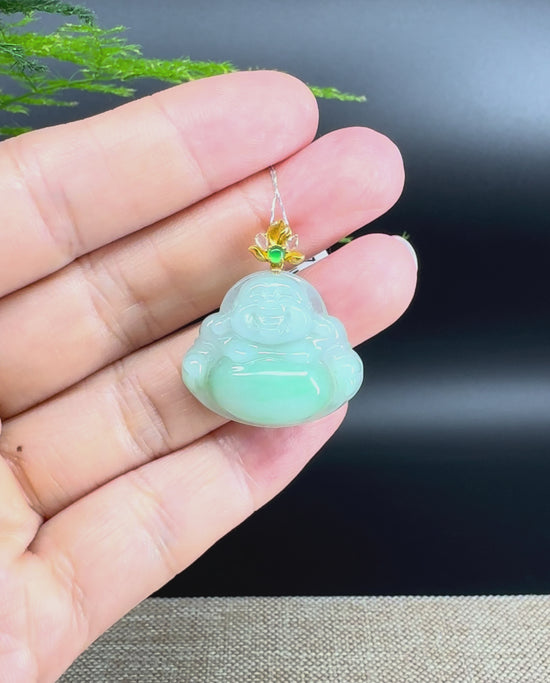 Load and play video in Gallery viewer, 18K Yellow Gold Burmese Green Jadeite Jade Happy Buddha Pendant
