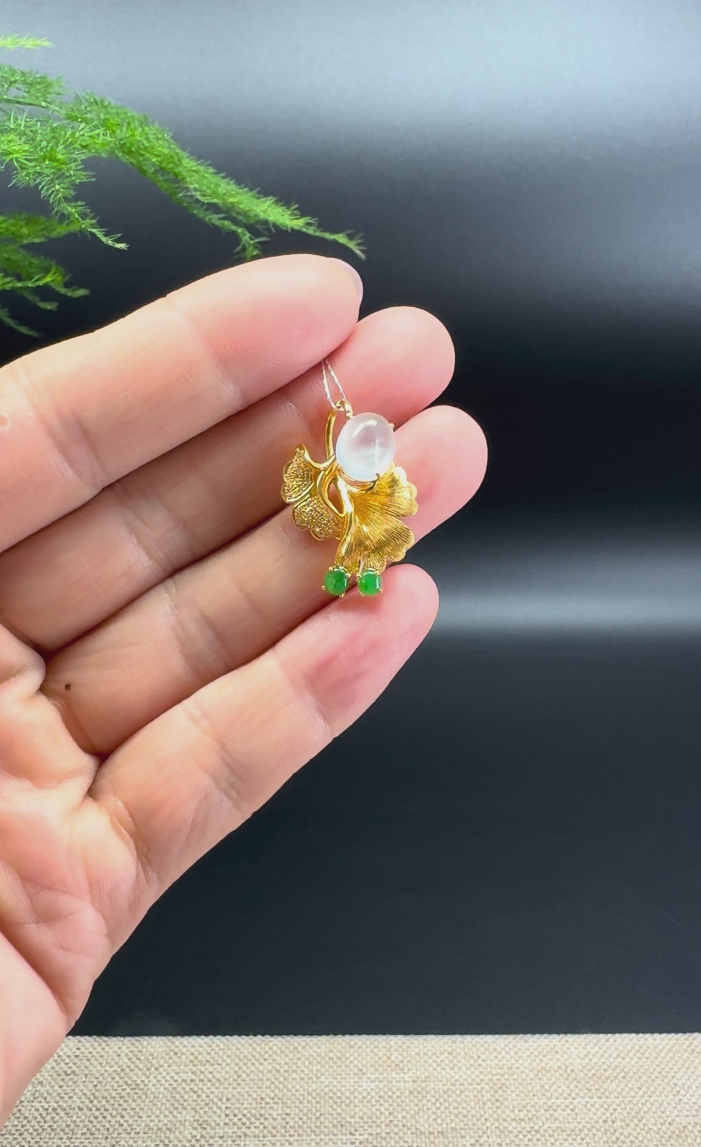 RealJade® "Ginkgo Leaf" 18K Yellow Gold Icy Jade Classic Pendant&Brooch Necklace