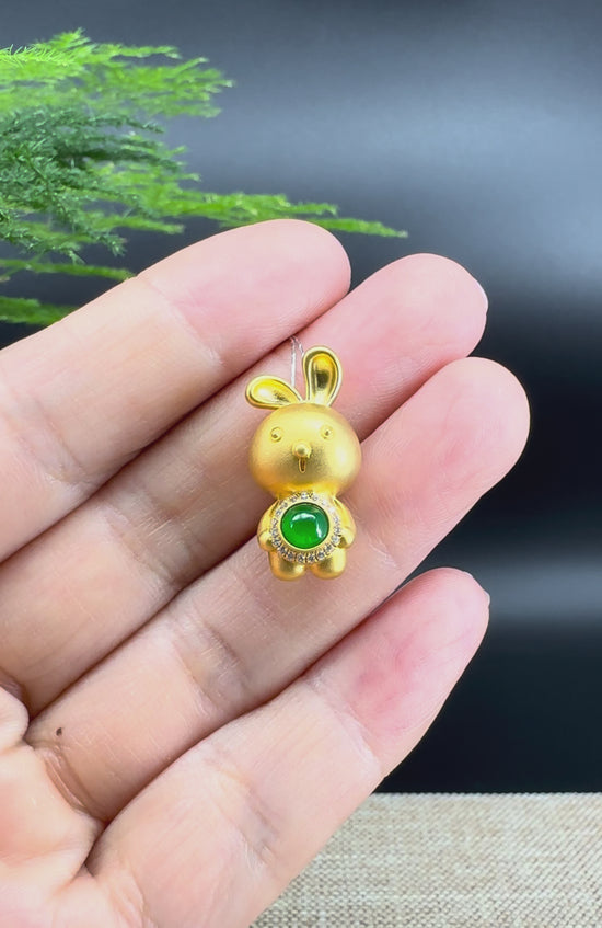 Load and play video in Gallery viewer, RealJade®  12 Zodiac: 18k Yellow Gold Rabbit Pendant Necklace with Green Imperial Jade &amp;amp; Diamonds
