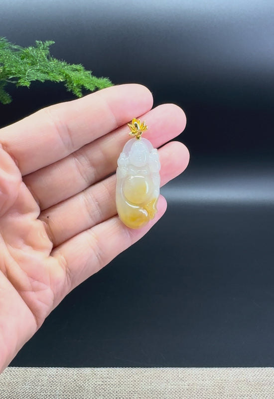 Load and play video in Gallery viewer, 18K Yellow Gold Burmese Icy Yellow Jadeite Jade Happy Buddha Pendant
