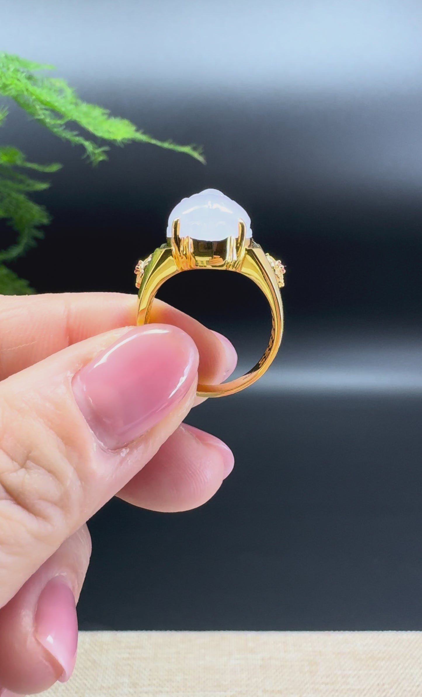 RealJade® 18K Yellow Gold Icy Pink Lavender Jadeite Jade Diamonds PiXiu Ring