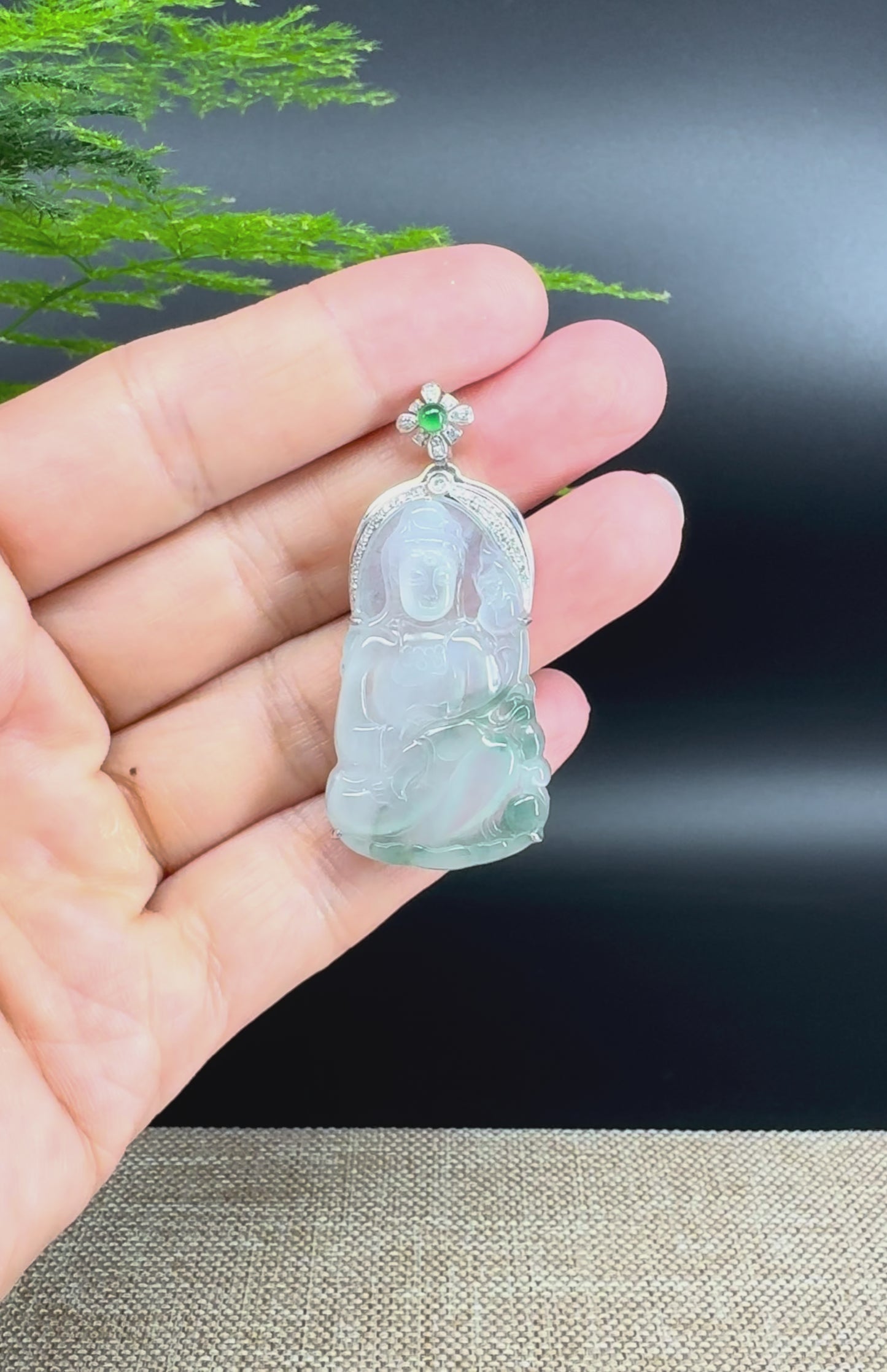18K White Gold High-End Icy Green Jadeite Jade "Goddess of Compassion" Guan Yin Necklace with Diamonds